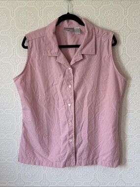 OP Sport Sleeveless Button-Down Top Embroidered Hibiscus Flowers Pink Sz XL